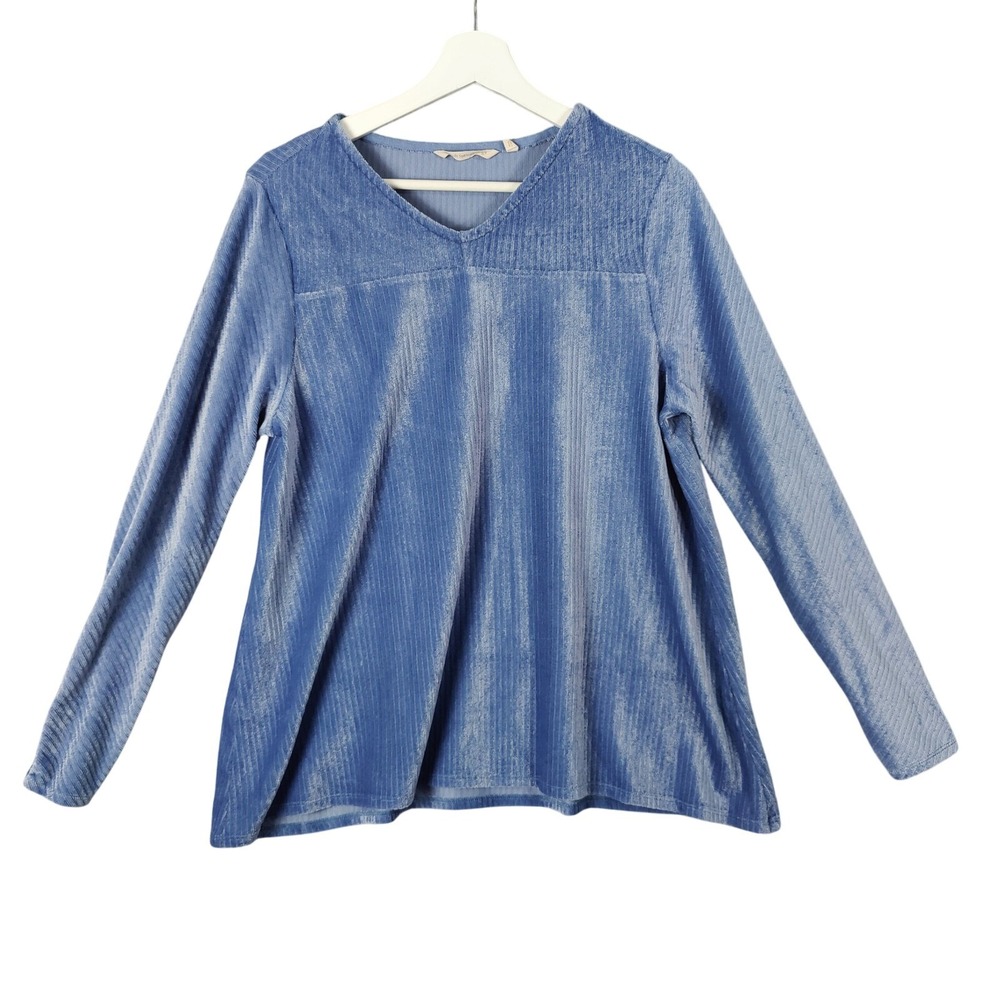 Soft Surroundings Womens Velvet Ribbed Tunic Top L Button Cuff Long Sleeve Blue